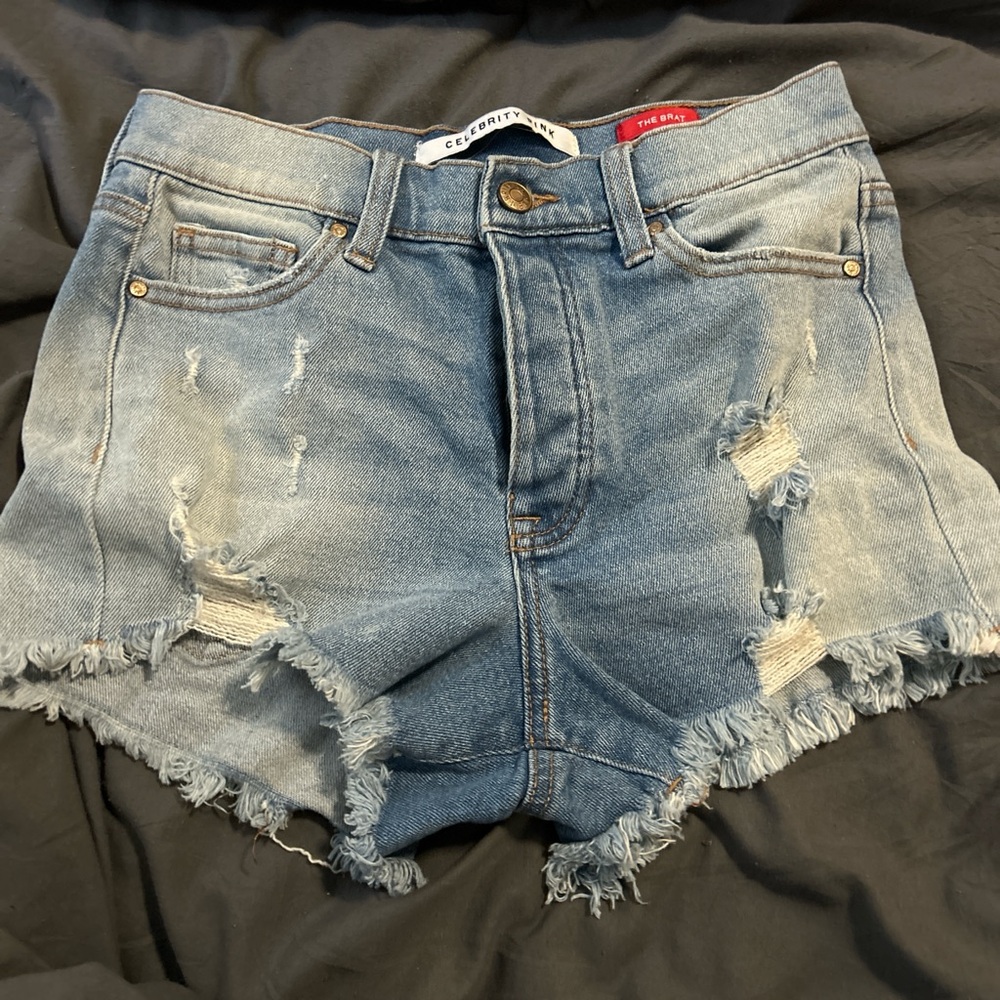 Celebrity Pink Blue Distressed Jean Shorts